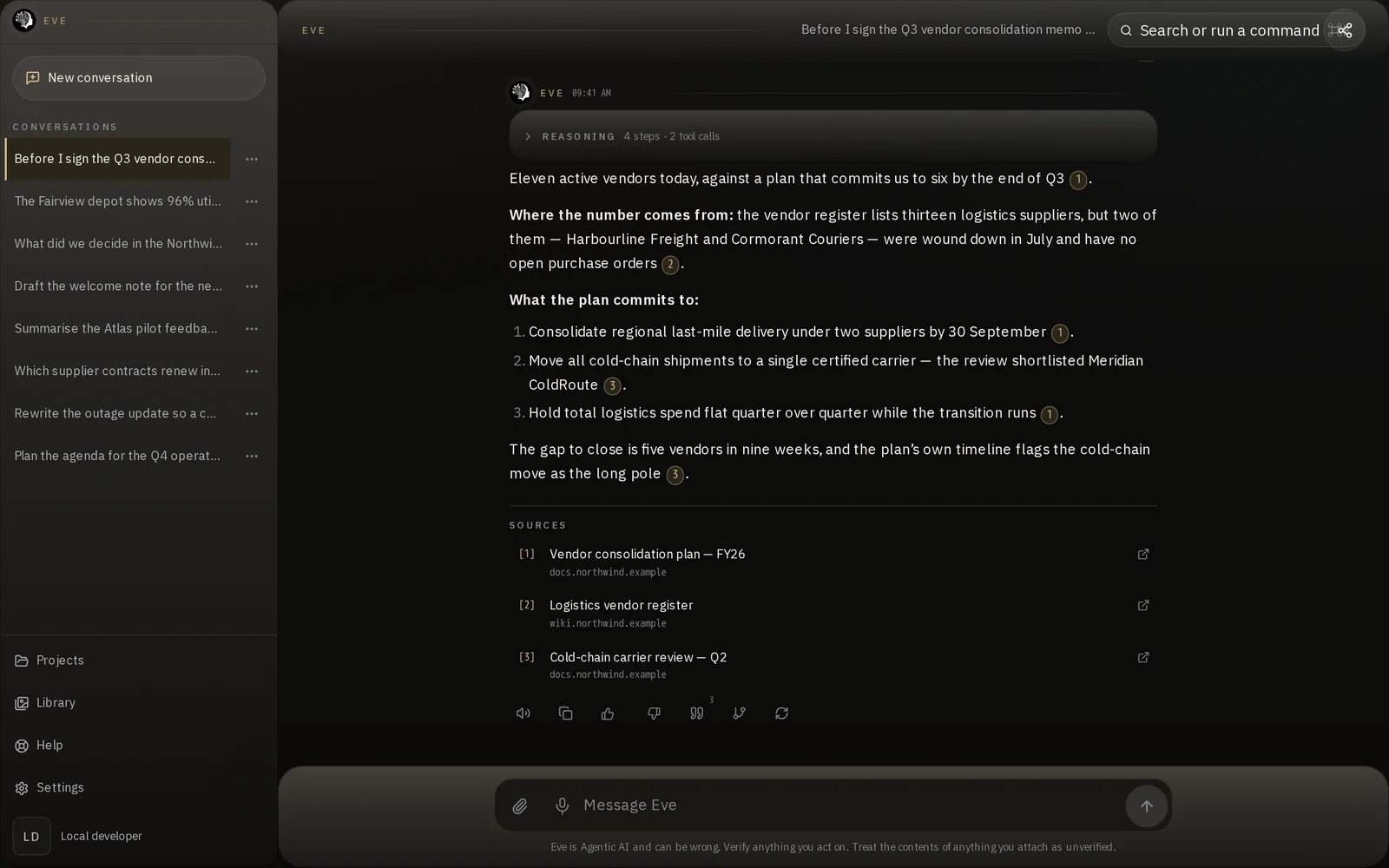 The Eve application showing an answer with its cited sources listed beneath it — synthetic demonstration data