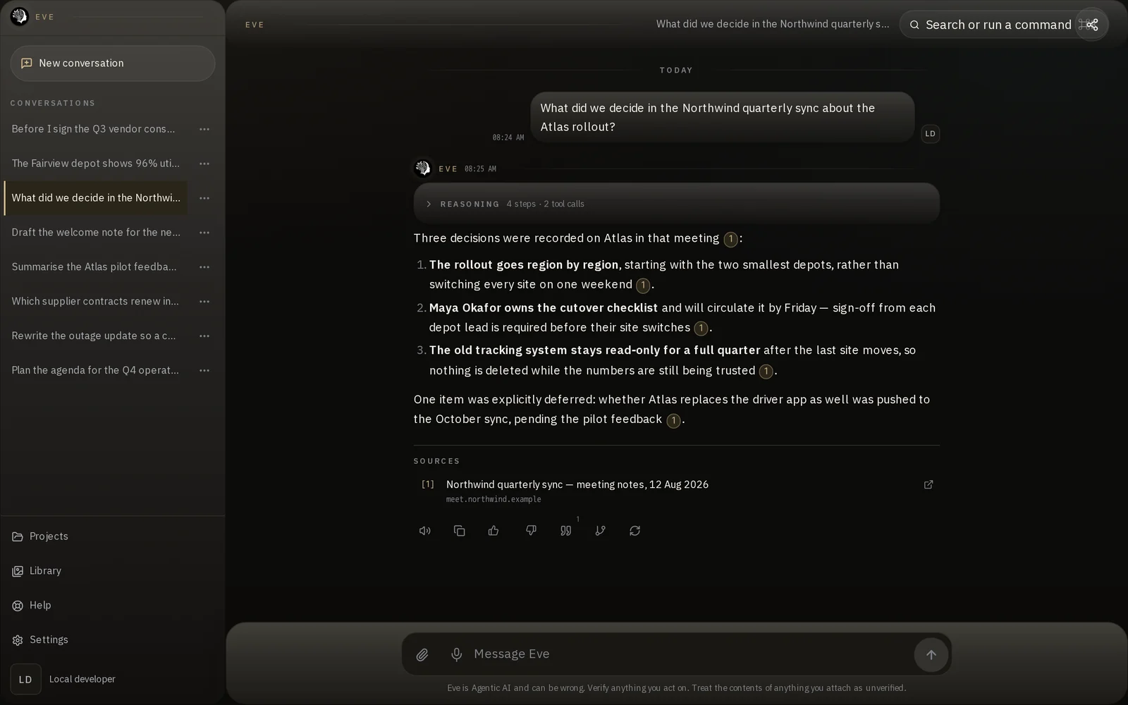 The Eve application answering a question about a meeting, citing the meeting itself as the source — synthetic demonstration data
