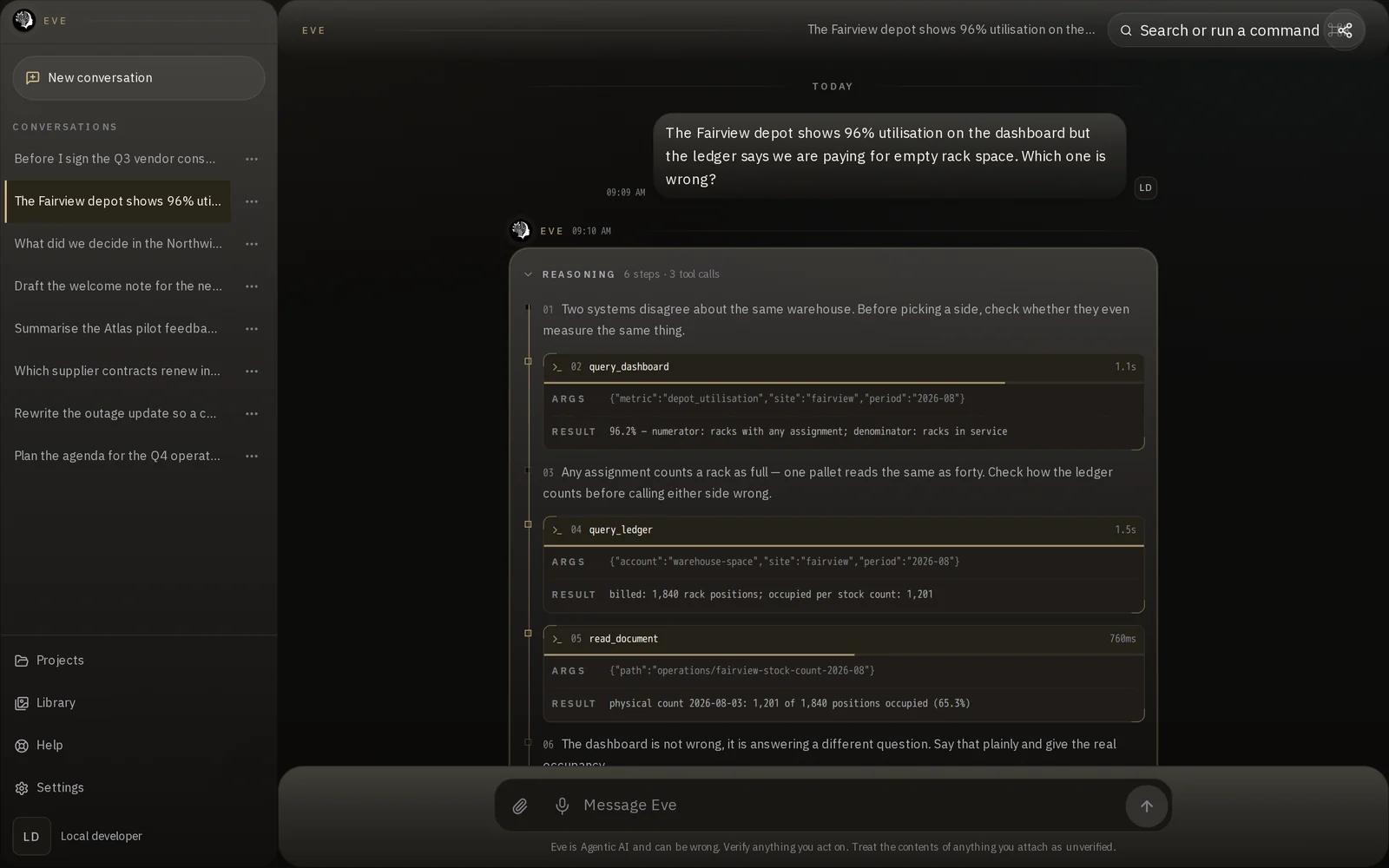 The Eve application with the reasoning trail expanded, showing the steps behind an answer — synthetic demonstration data