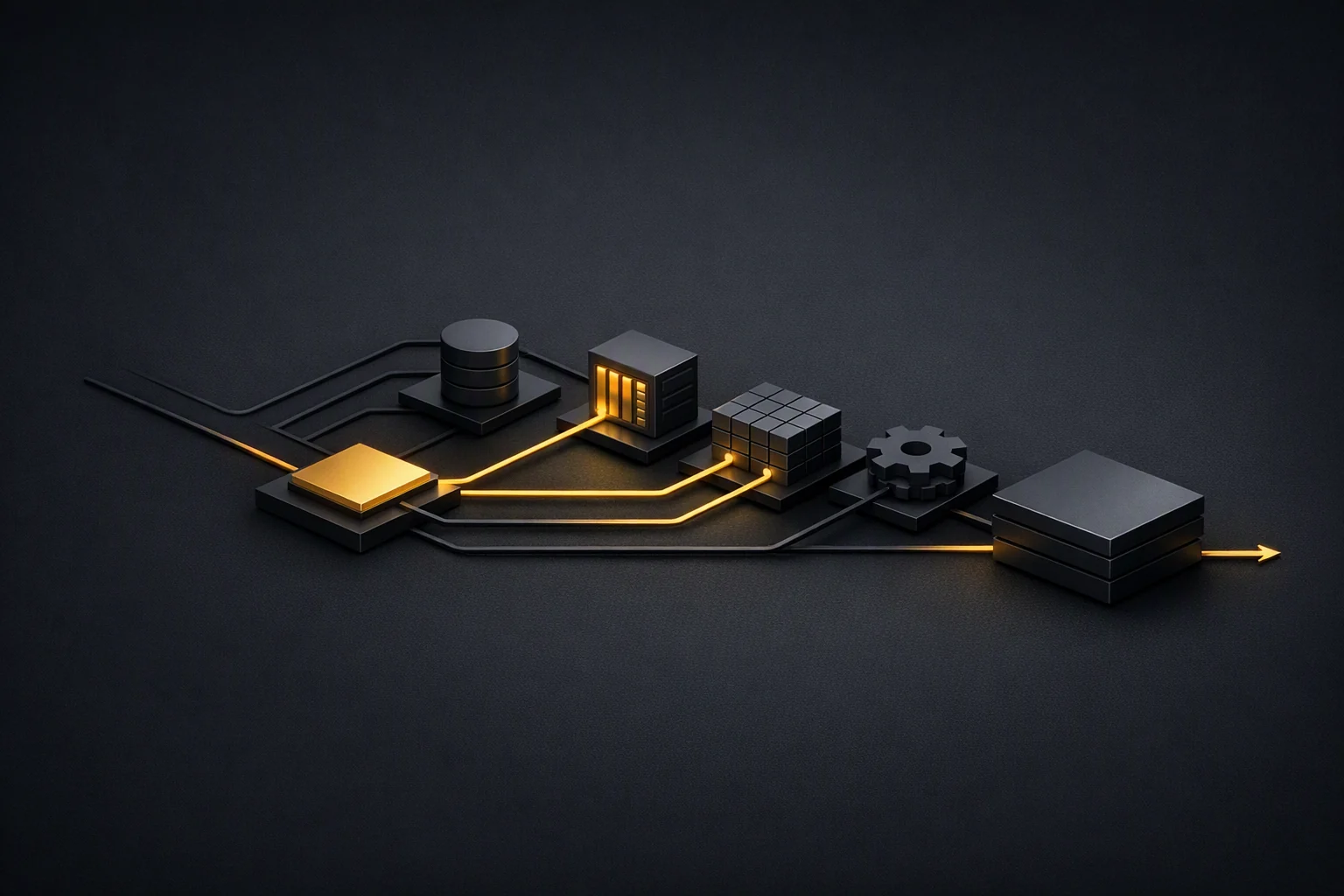 Isometric routing diagram: a routing element directing a request along lit active paths through several differentiated processing modules to a consolidation block and a single output