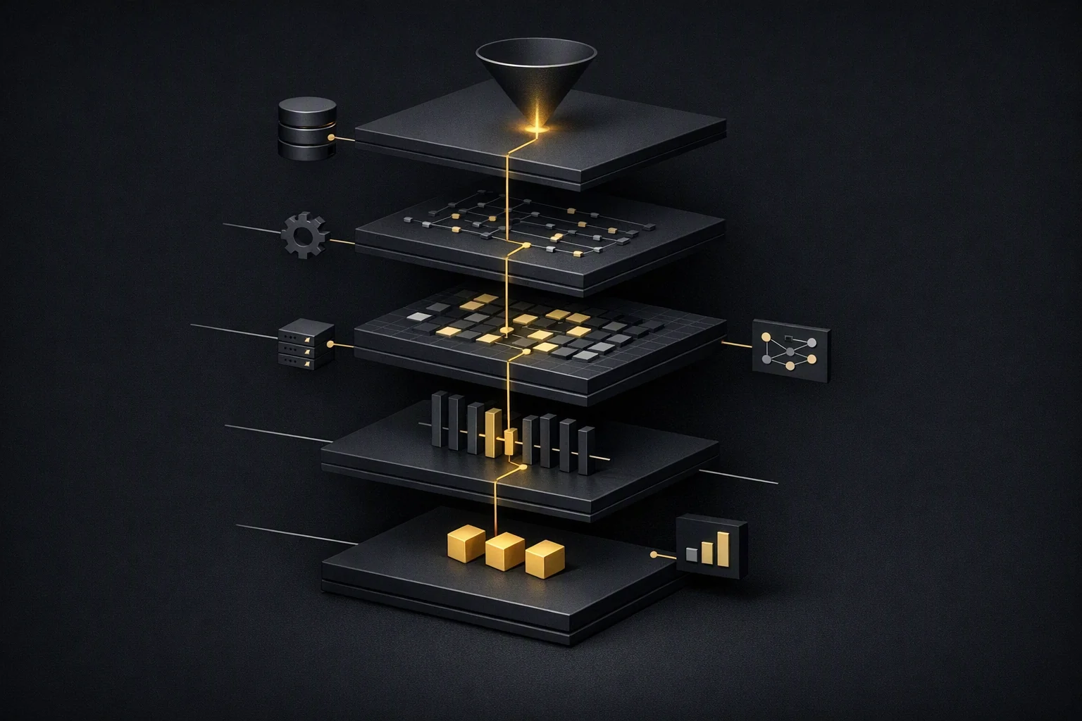 Isometric exploded diagram of a reasoning pipeline: a traced path descending through five differentiated processing layers, with branch lines out to discrete source elements