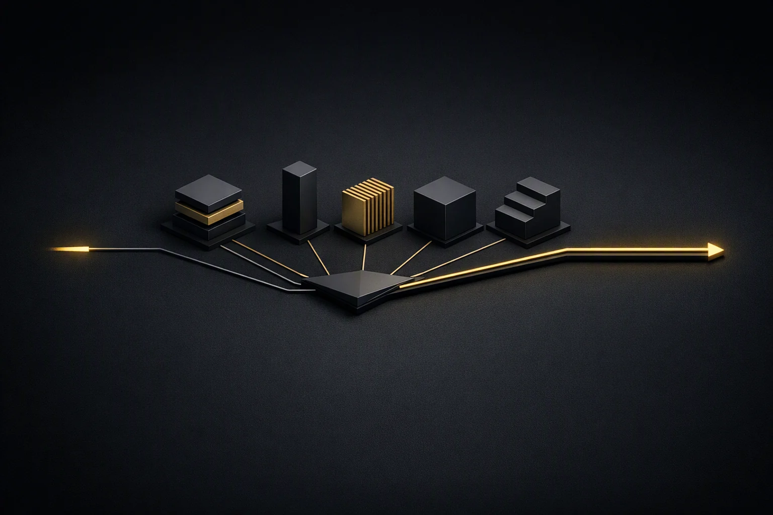 Isometric systems diagram: one request routed across five differently constructed processing blocks whose outputs converge into a single output channel