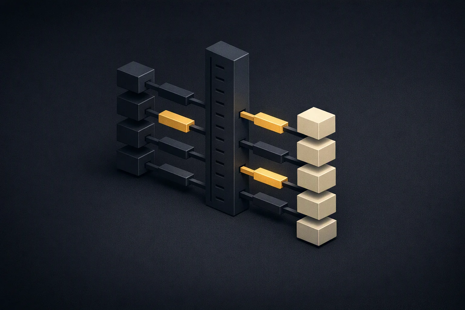 Isometric evaluation diagram: two columns of blocks paired across a central comparison bar, with lit and dark connectors distinguishing outcomes