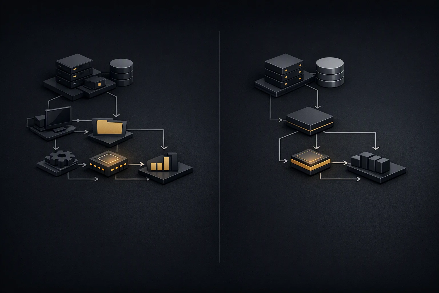 Isometric diagram: an improvised early assembly beside a refined production version of the same topology