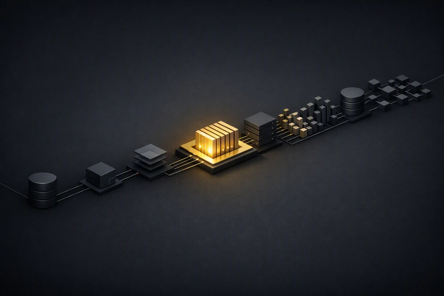 Isometric diagram: a process line with a lit accelerator stage, sparse units upstream and dense units downstream