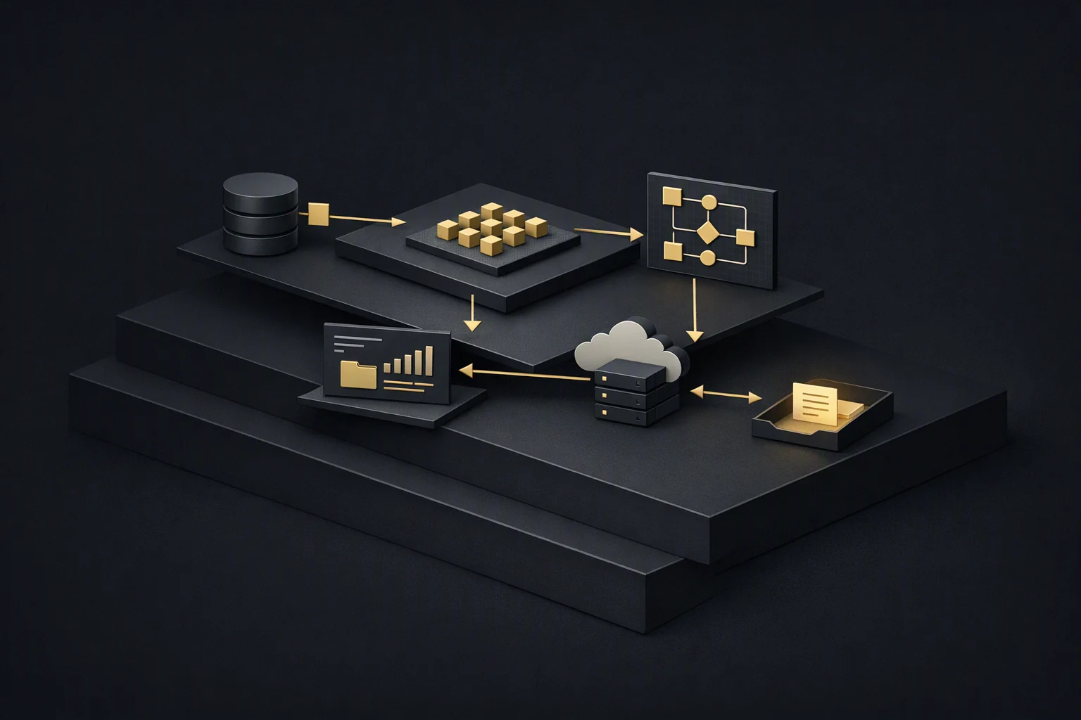 Isometric diagram: a deep stack with only its shallowest surface tier lit, the larger tiers beneath it dark