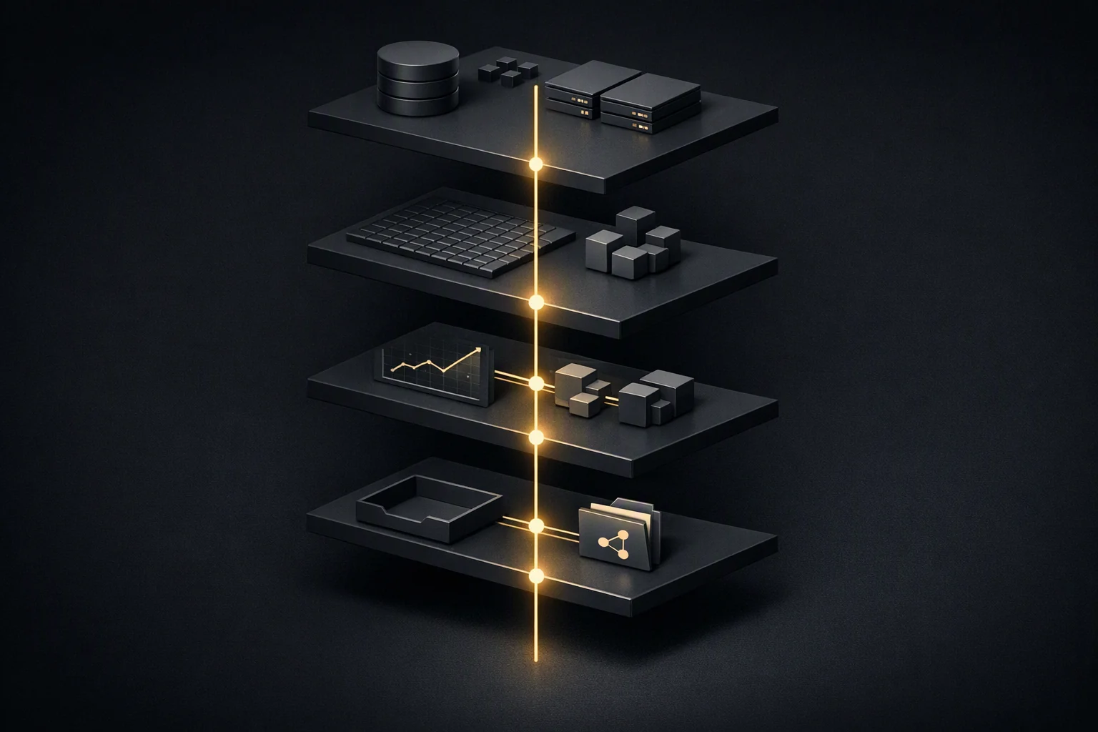 Isometric exploded diagram of a four-tier stack joined by defined interface couplings
