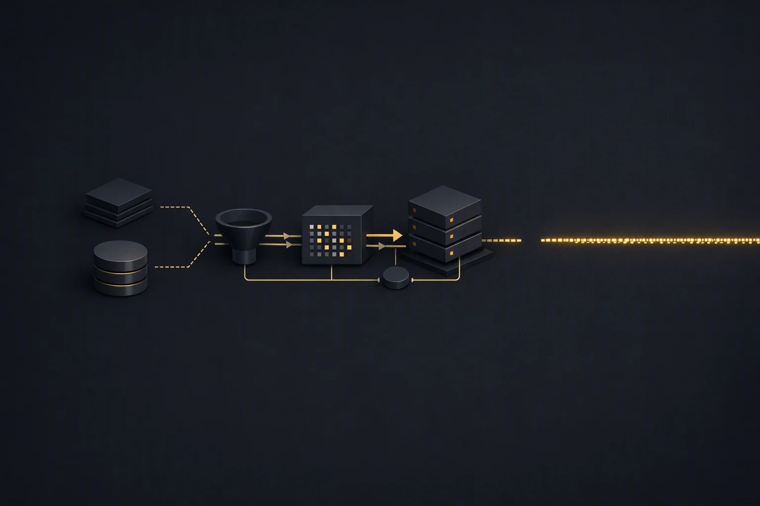 Isometric diagram: a generation mechanism emitting an unbroken output stream despite a visible gap in its input feed