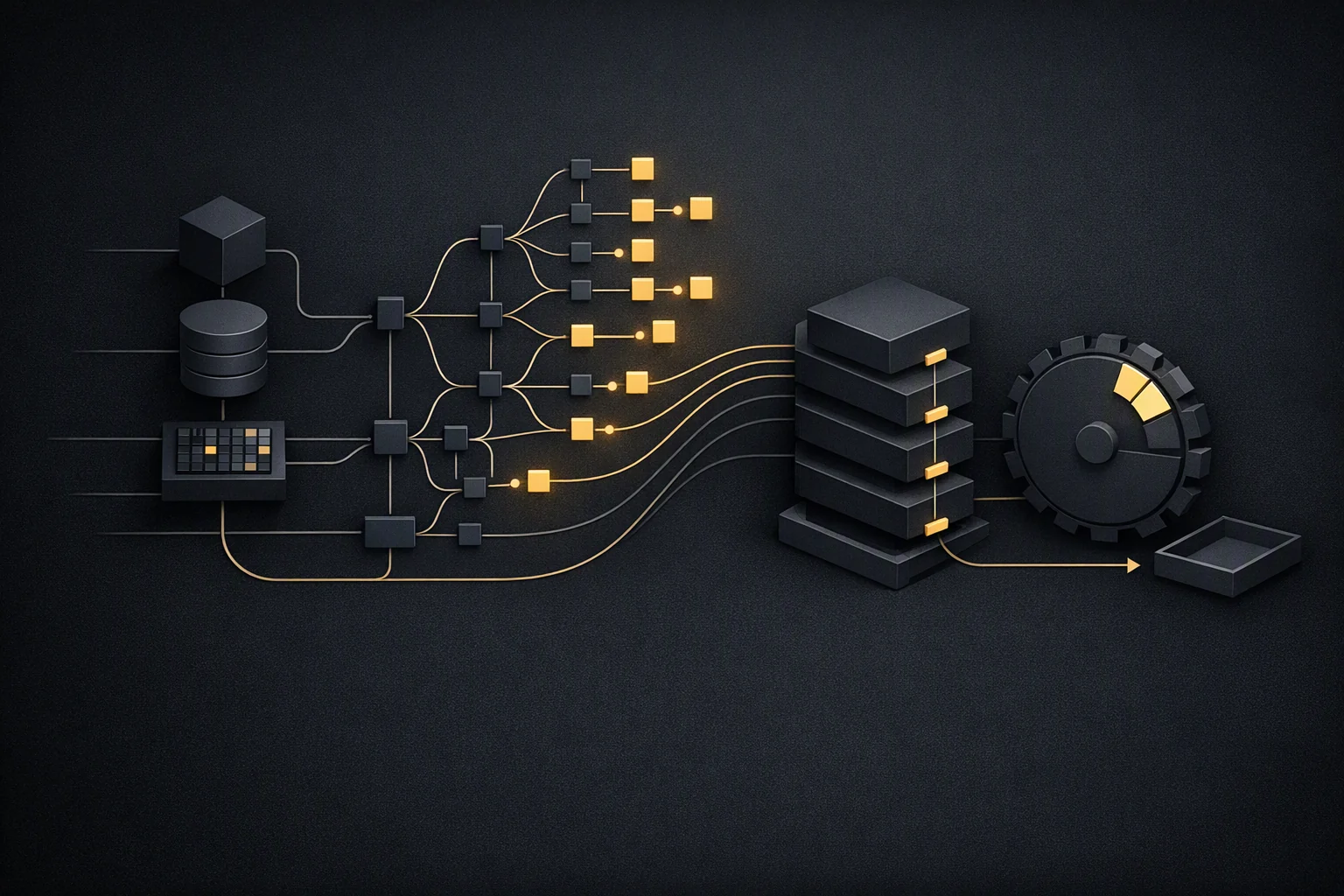 Isometric diagram: a rapidly branching structure beside a slow periodic mechanism, with a widening gap between them