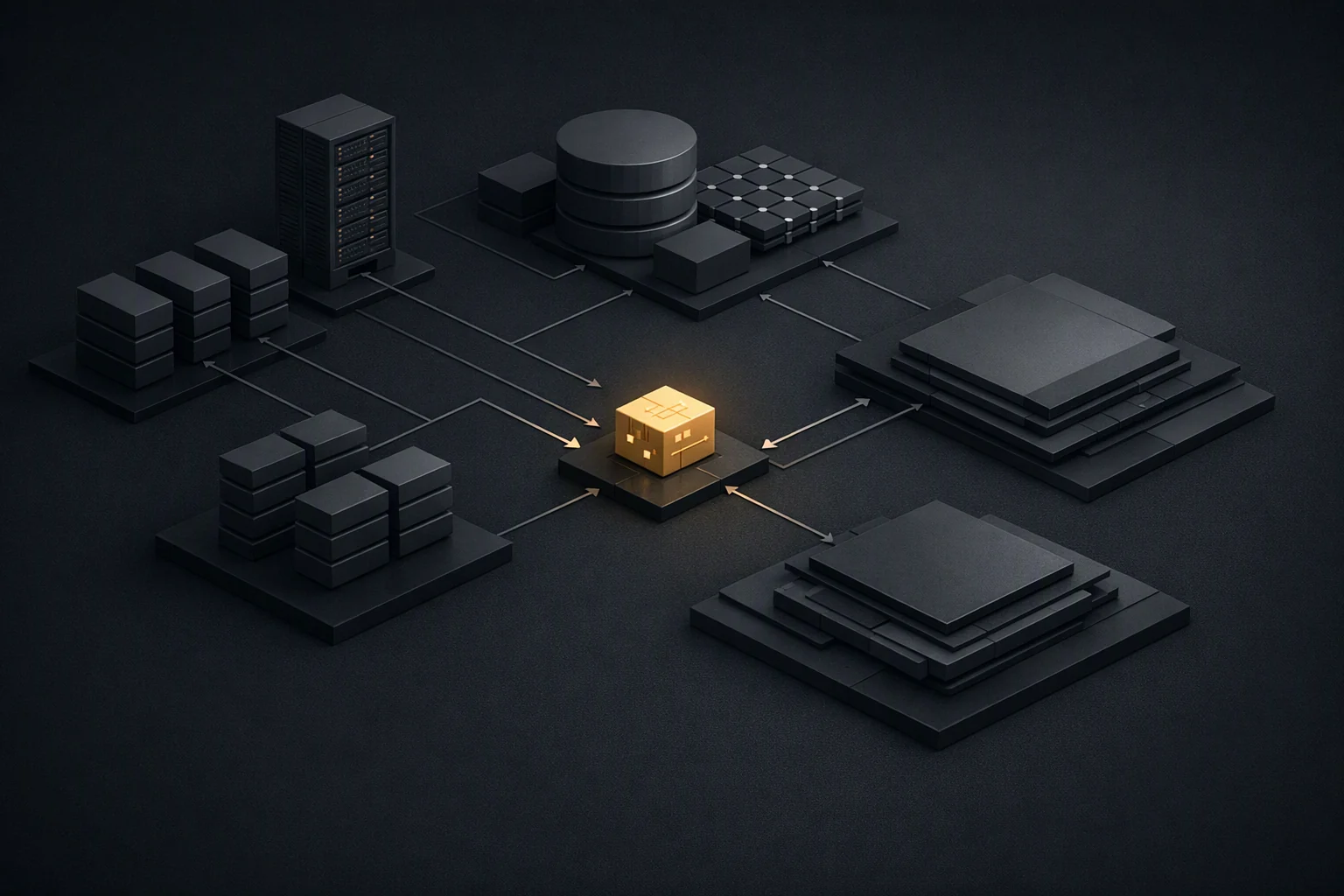 Isometric diagram: one small lit module surrounded by much larger routing, memory, governance and consolidation components