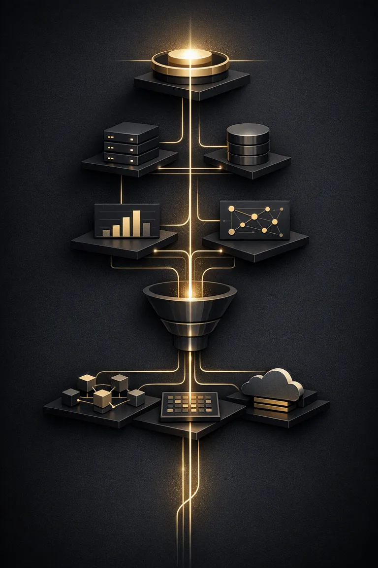 Abstract vertical network of connected modules rising toward a bright hub