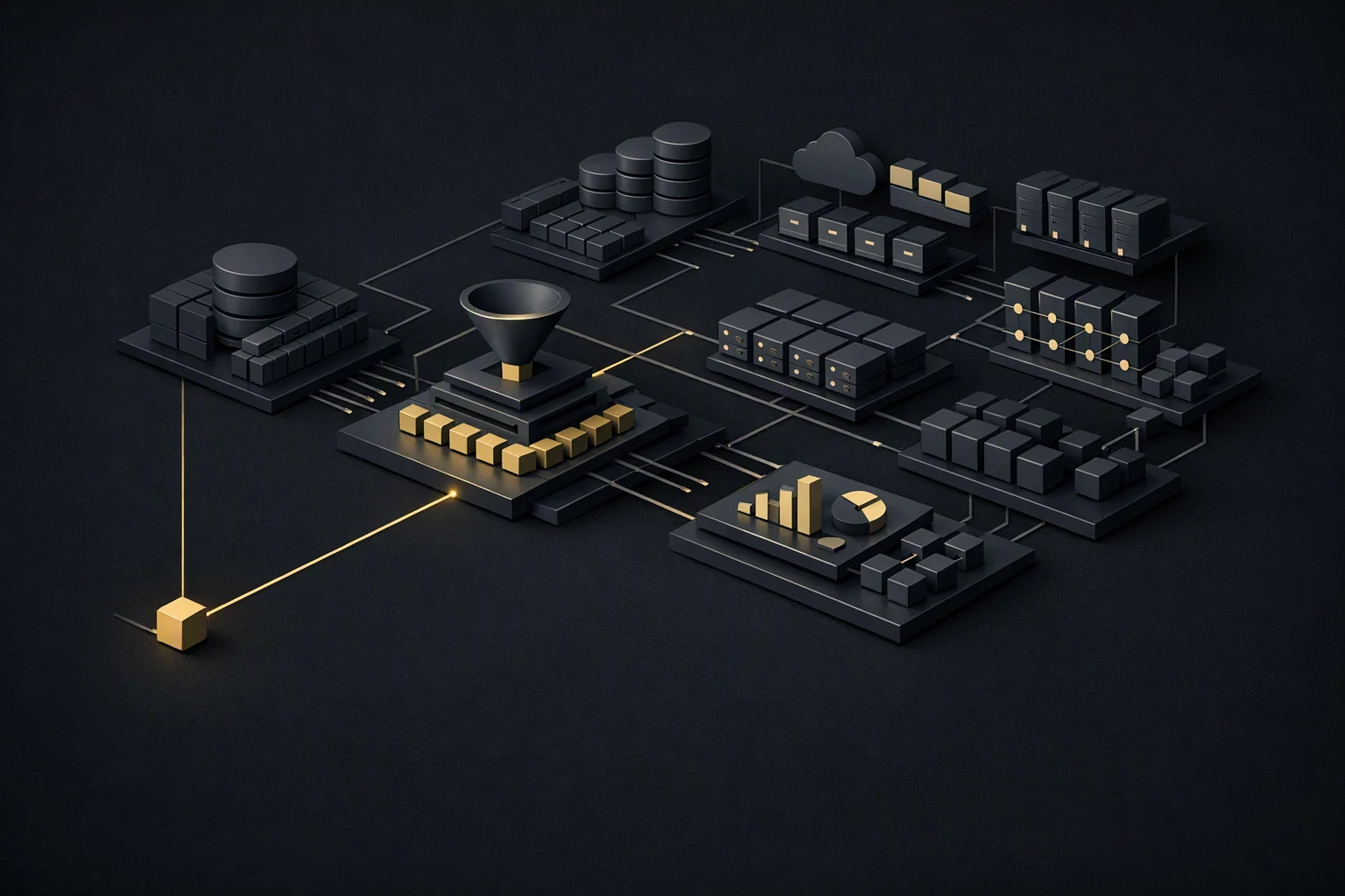 Isometric diagram: one small control element driving a very large multi-tier assembly by a single traced line